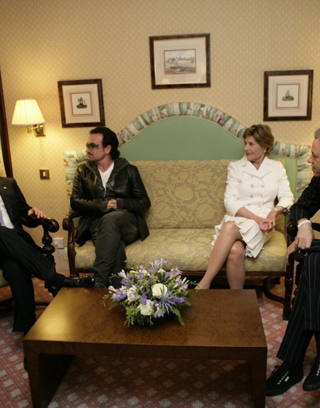 President George W. Bush, Bono, Mrs. Laura Bush and Bob Geldof, Far Right, Hold a Working Meeting on Africa at the G8 Summit in Gleneagles, Scotland