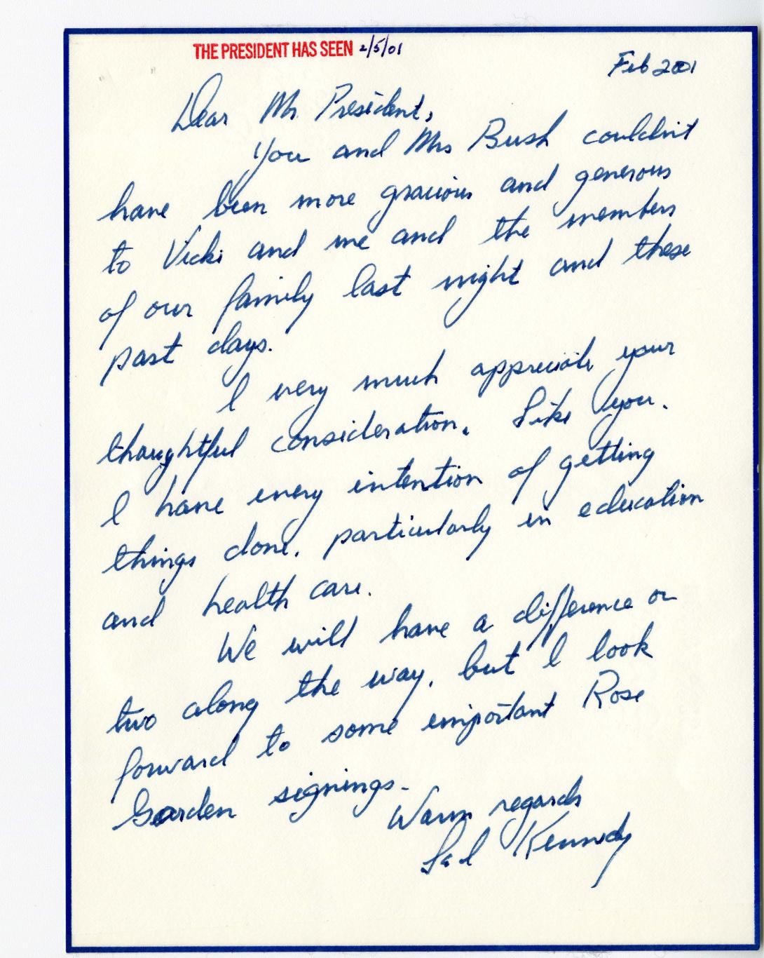 Handwritten Note to the President George W. Bush from Senator Ted Kennedy, February 5, 2001.