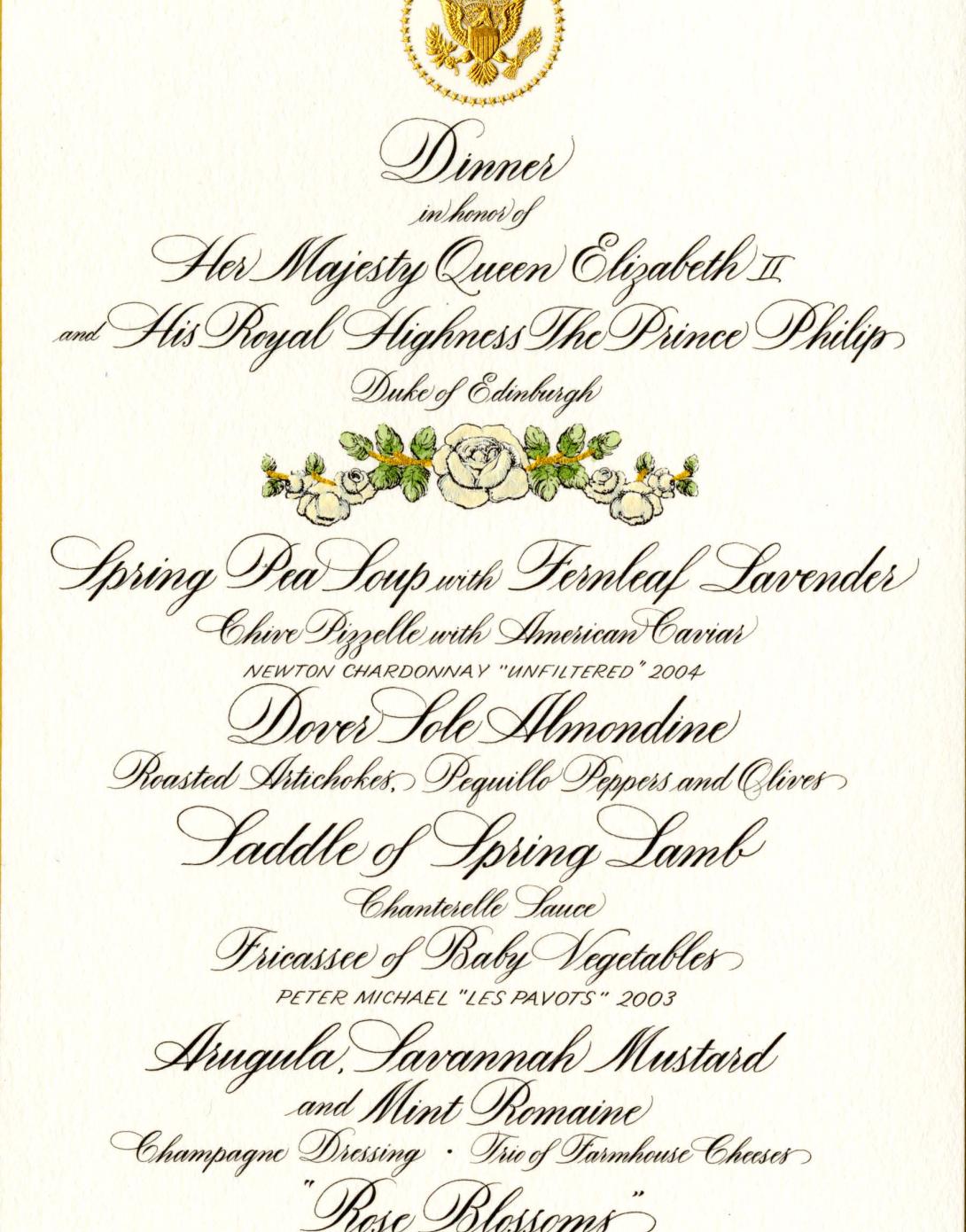 Queen Elizabeth II State Dinner Menu, May 7, 2007.