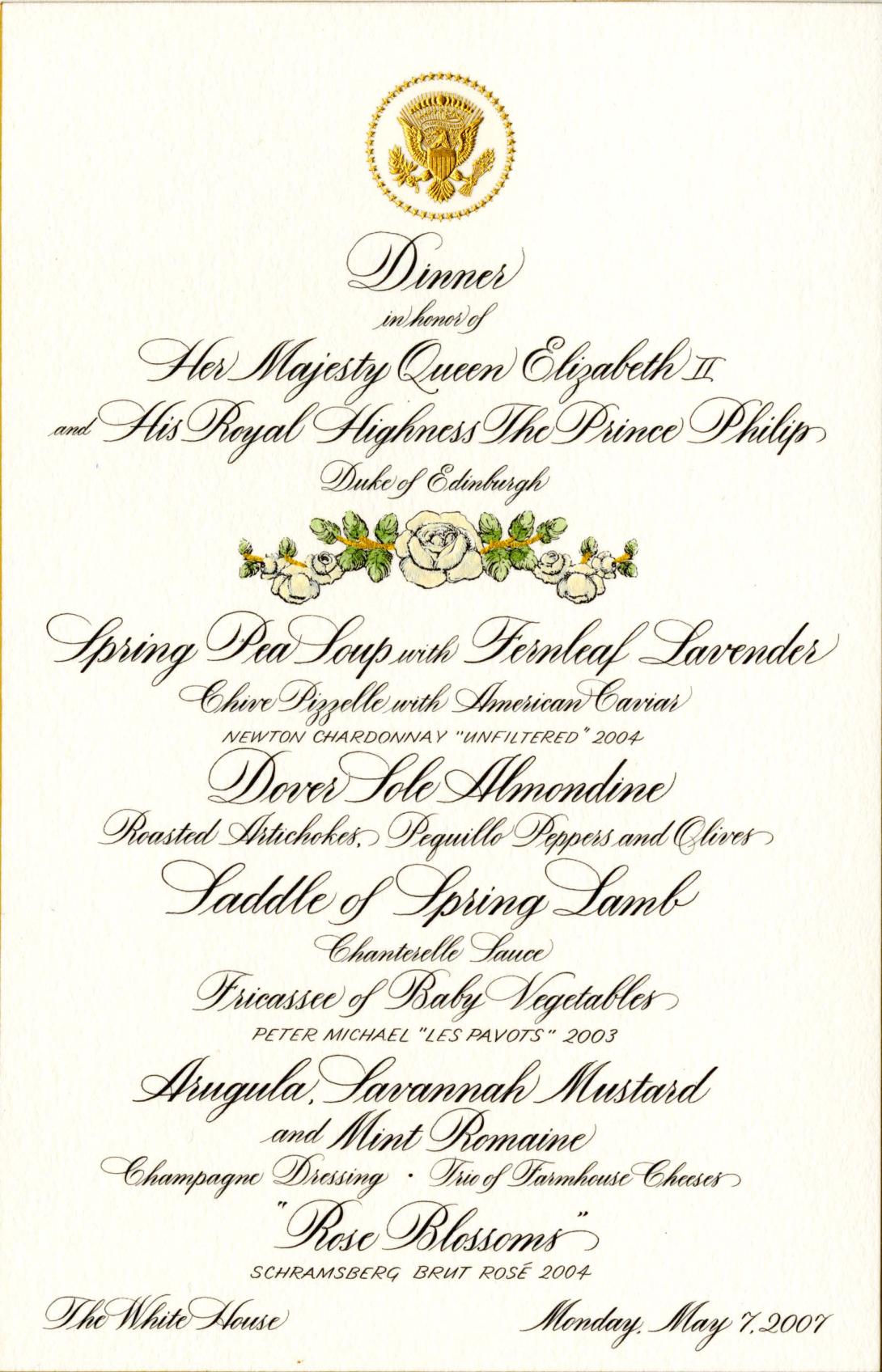 Queen Elizabeth II State Dinner Menu, May 7, 2007.