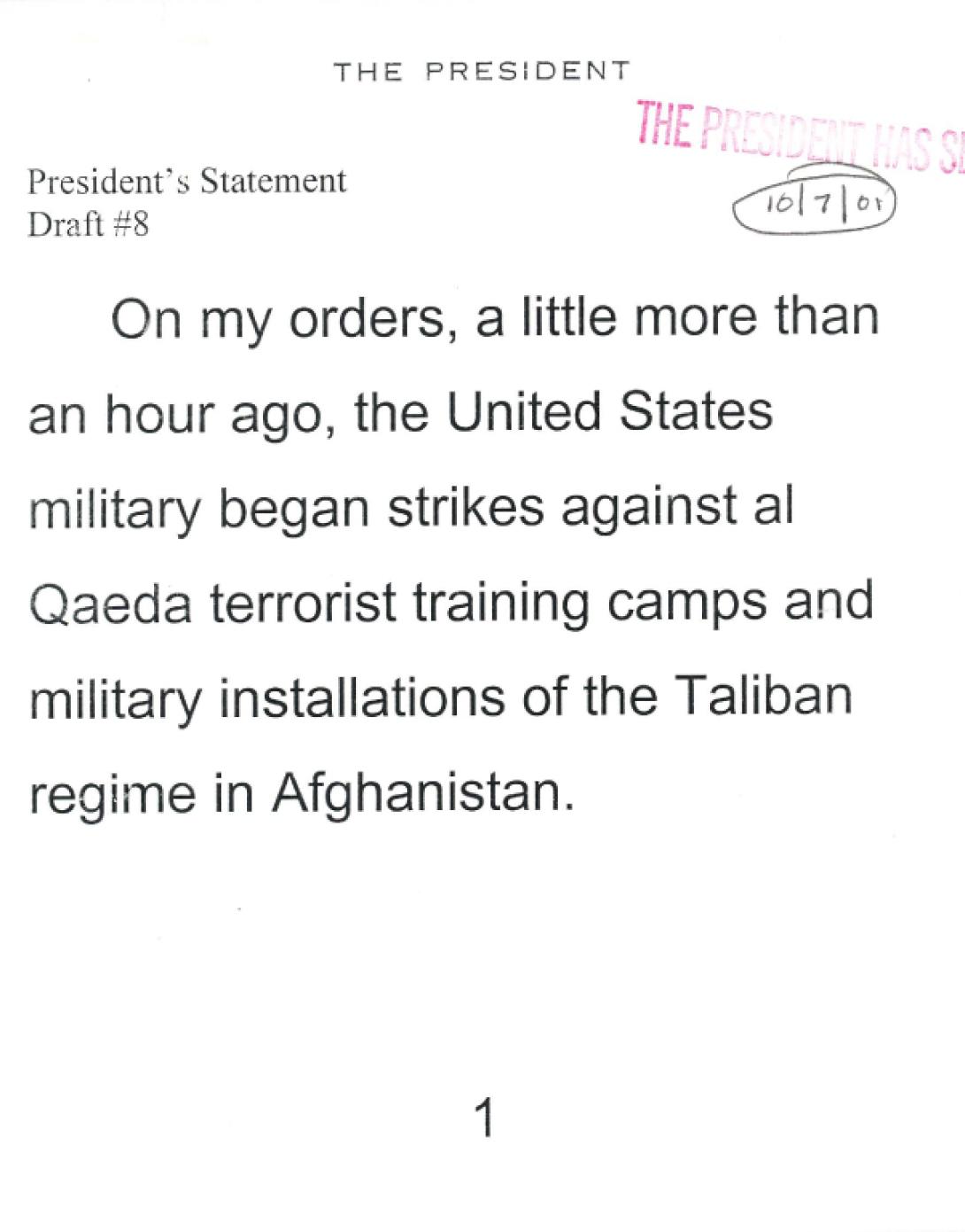 Select speech cards used by President George W. Bush to announce the invasion of Afghanistan, October 7, 2001.