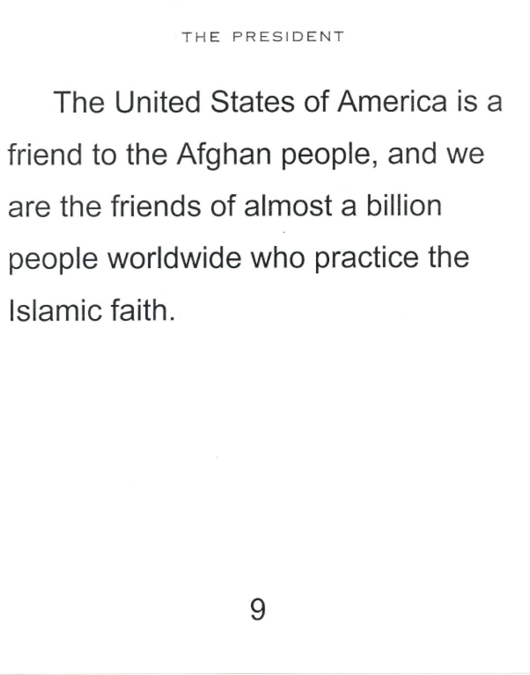 Select speech cards used by President George W. Bush to announce the invasion of Afghanistan, October 7, 2001.