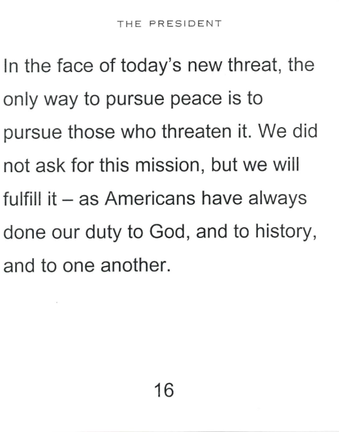 Select speech cards used by President George W. Bush to announce the invasion of Afghanistan, October 7, 2001.