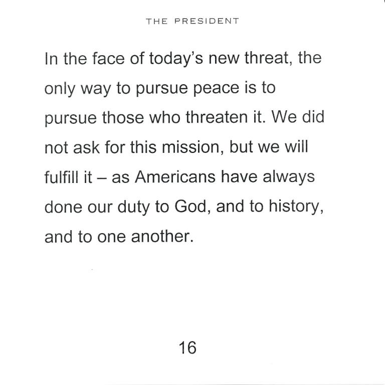 Select speech cards used by President George W. Bush to announce the invasion of Afghanistan, October 7, 2001.