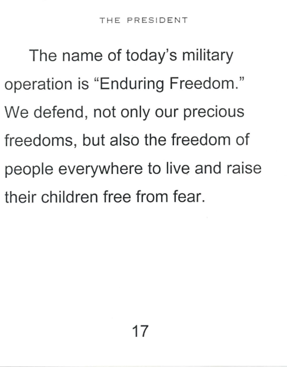 Select speech cards used by President George W. Bush to announce the invasion of Afghanistan, October 7, 2001.