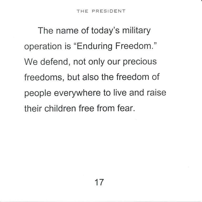 Select speech cards used by President George W. Bush to announce the invasion of Afghanistan, October 7, 2001.