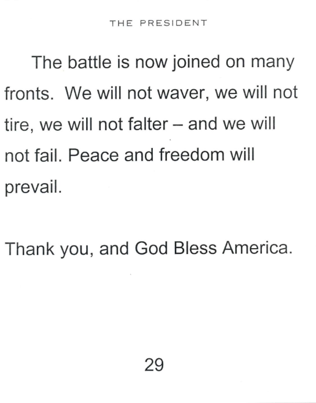 Select speech cards used by President George W. Bush to announce the invasion of Afghanistan, October 7, 2001.