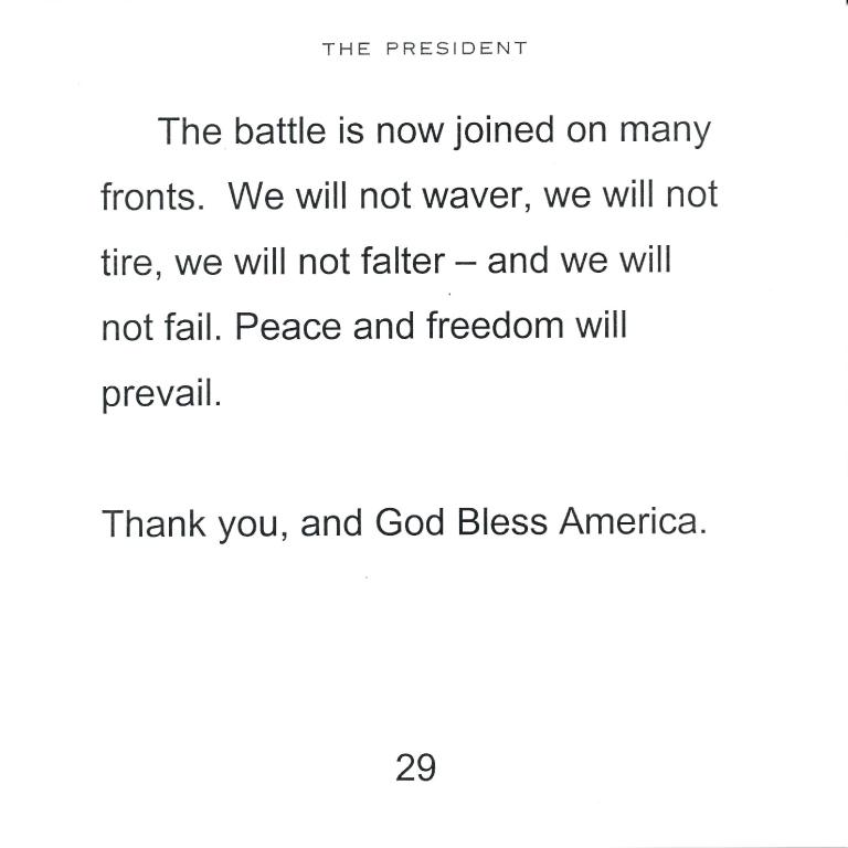 Select speech cards used by President George W. Bush to announce the invasion of Afghanistan, October 7, 2001.