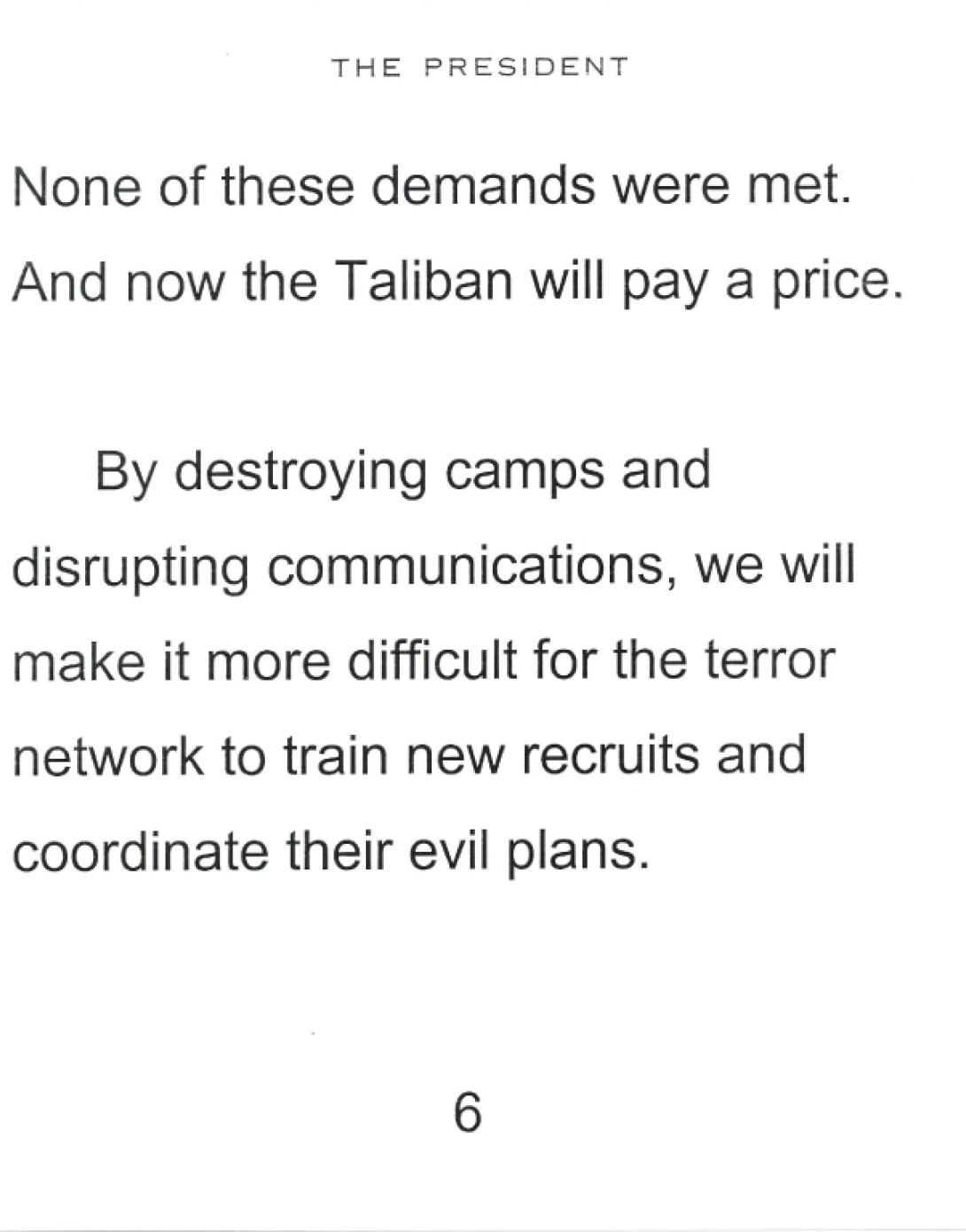 Select speech cards used by President George W. Bush to announce the invasion of Afghanistan, October 7, 2001.