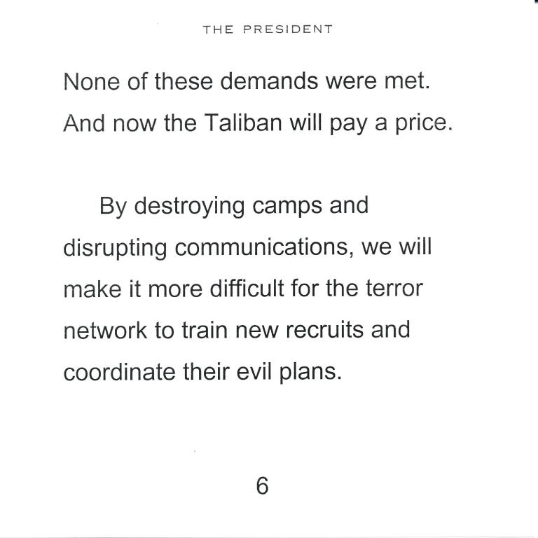 Select speech cards used by President George W. Bush to announce the invasion of Afghanistan, October 7, 2001.