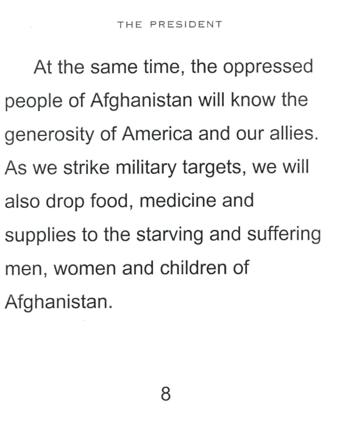 Select speech cards used by President George W. Bush to announce the invasion of Afghanistan, October 7, 2001.