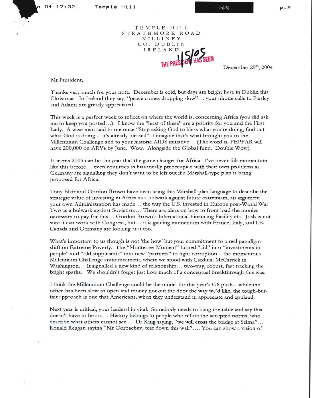 Dated December 29, 2004, letter from U2 singer, Bono, to President George W. Bush regarding HIV/AIDS relief in Africa. (Page 1 of 2)