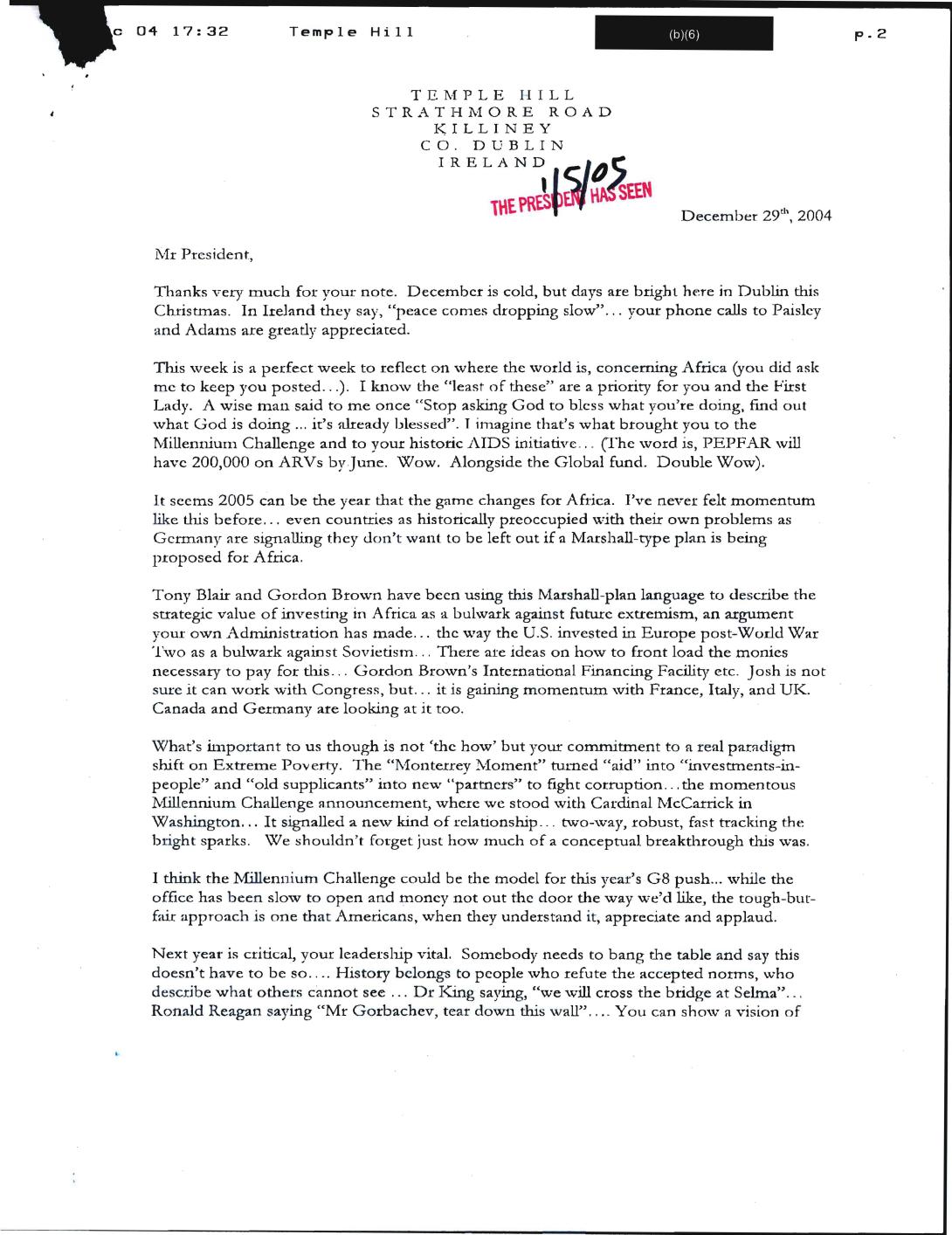 Dated December 29, 2004, letter from U2 singer, Bono, to President George W. Bush regarding HIV/AIDS relief in Africa. (Page 1 of 2)