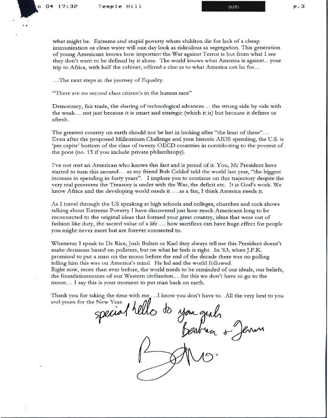 Dated December 29, 2004, letter from U2 singer, Bono, to President George W. Bush regarding HIV/AIDS relief in Africa. (Page 2 of 2)