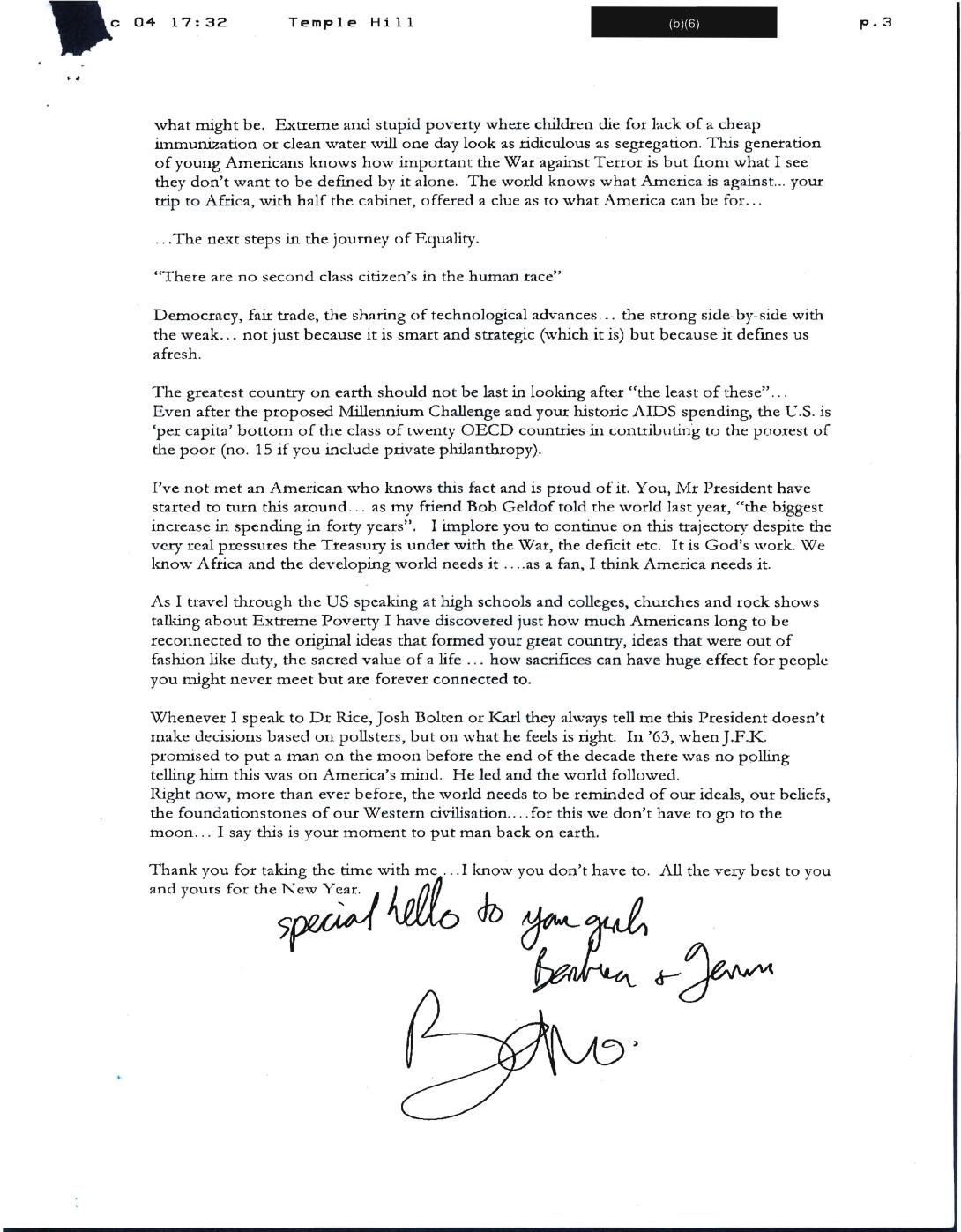 Dated December 29, 2004, letter from U2 singer, Bono, to President George W. Bush regarding HIV/AIDS relief in Africa. (Page 2 of 2)