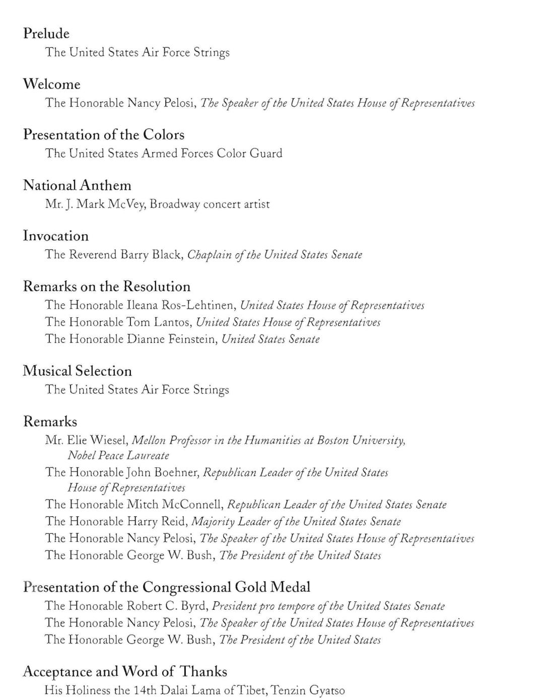 Program from the Congressional Gold Medal Ceremony in Honor of His Holiness the 14th Dalai Lama of Tebet Tenzin Gyatso, October 17, 2007. (Page 3 of 4)