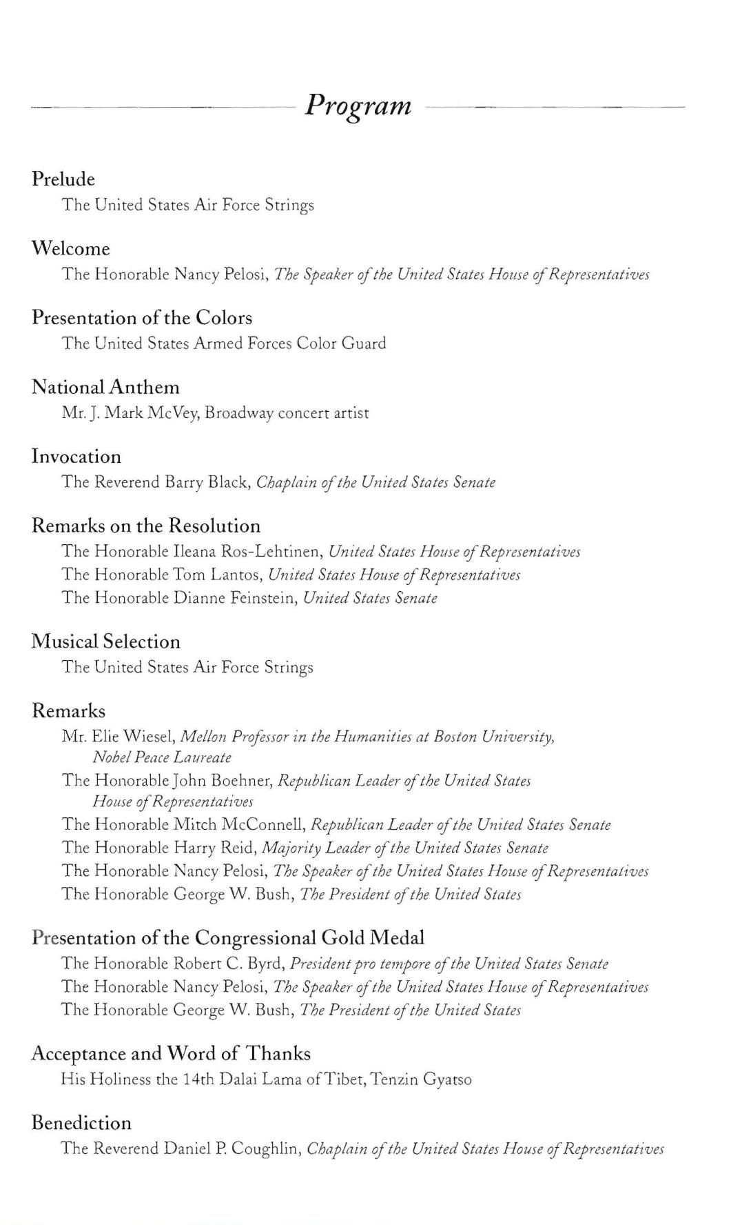 Program from the Congressional Gold Medal Ceremony in Honor of His Holiness the 14th Dalai Lama of Tebet Tenzin Gyatso, October 17, 2007. (Page 3 of 4)
