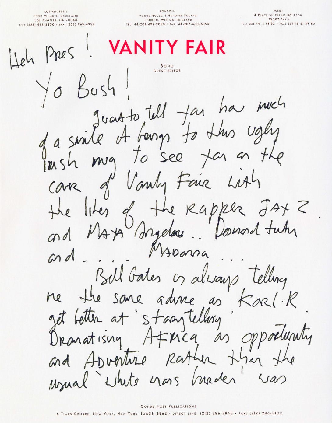 Letter to President George W. Bush from U2 singer Bono regarding the President's Emergency Plan for AIDS Relief (PEPFAR), 2007. (Page 1 of 2)