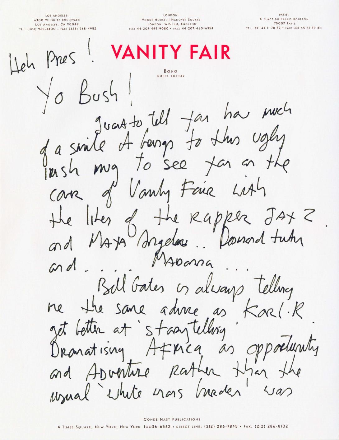 Letter to President George W. Bush from U2 singer Bono regarding the President's Emergency Plan for AIDS Relief (PEPFAR), 2007. (Page 1 of 2)