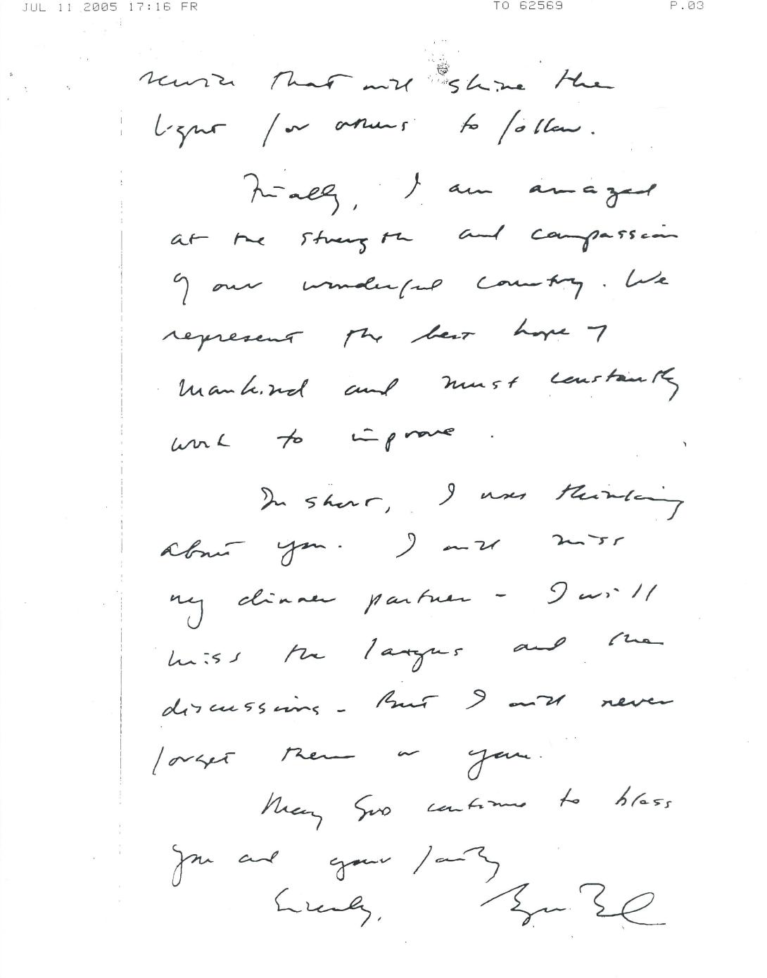 Handwritten letter dated July 4, 2005 to United States Supreme Court Justice Sandra Day O'Connor written by President George W. Bush upon receipt of her resignation. (Page 2 of 2)