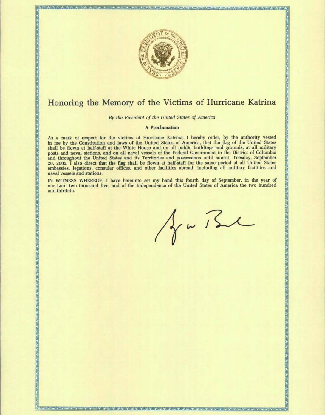 Proclamation honoring the memory of the victims of Hurricane Katrina on September 20, 2005.