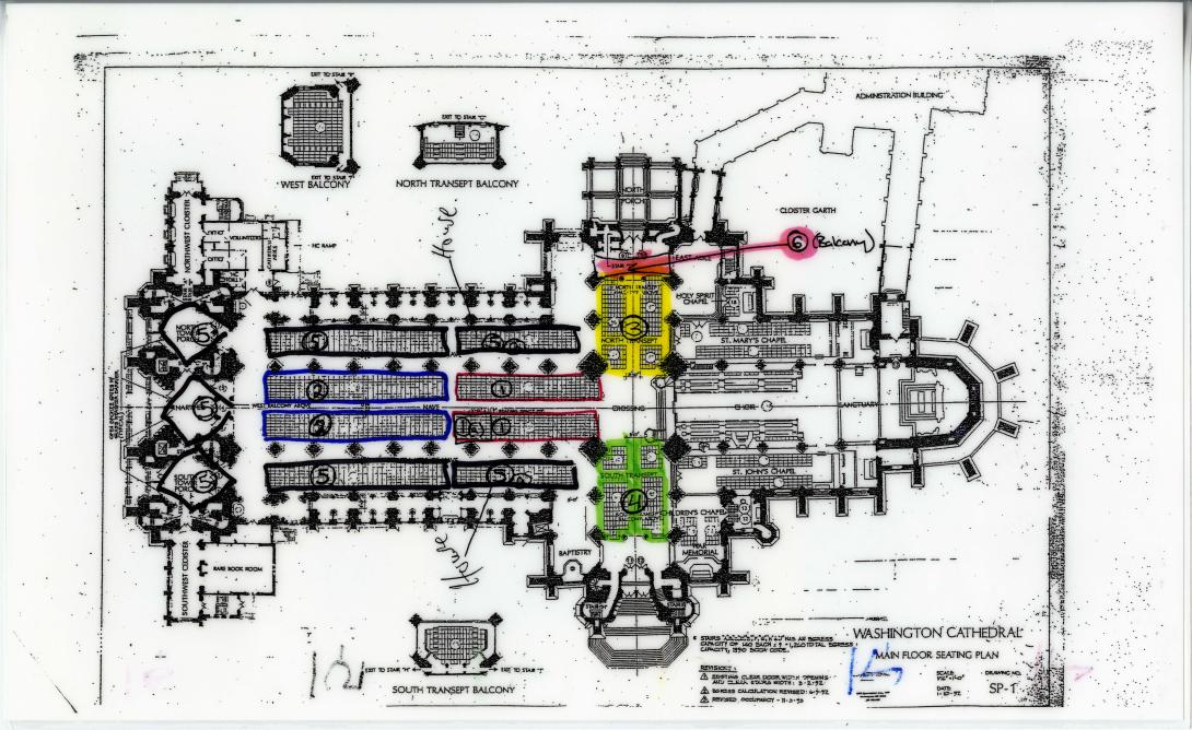 Seating chart and tickets from the National Day of Prayer and Remembrance service held at the Washington National Cathedral on September 14, 2001. (Page 1 of 2)