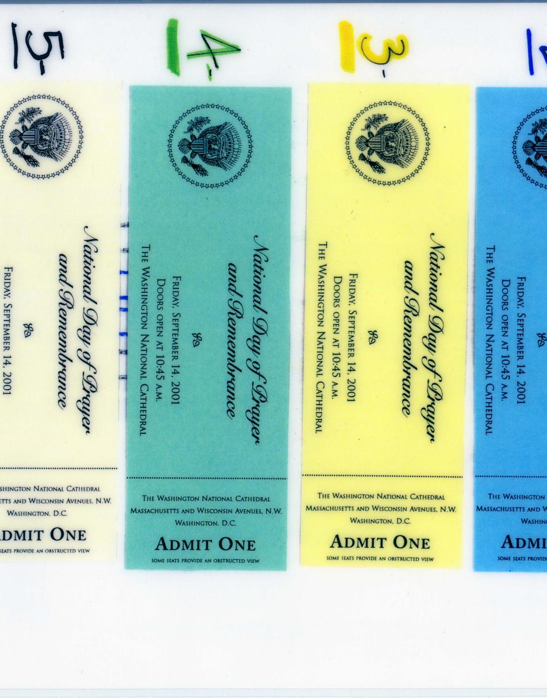 Seating chart and tickets from the National Day of Prayer and Remembrance service held at the Washington National Cathedral on September 14, 2001. (Page 2 of 2)