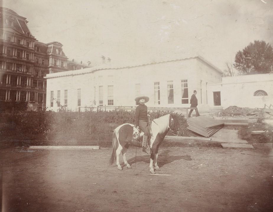 Archie Roosevelt, full-length portrait, on his calico Shetland pony "Algonquin," facing right; in front of the new White House offices. Washington D.C, ca. 1903.